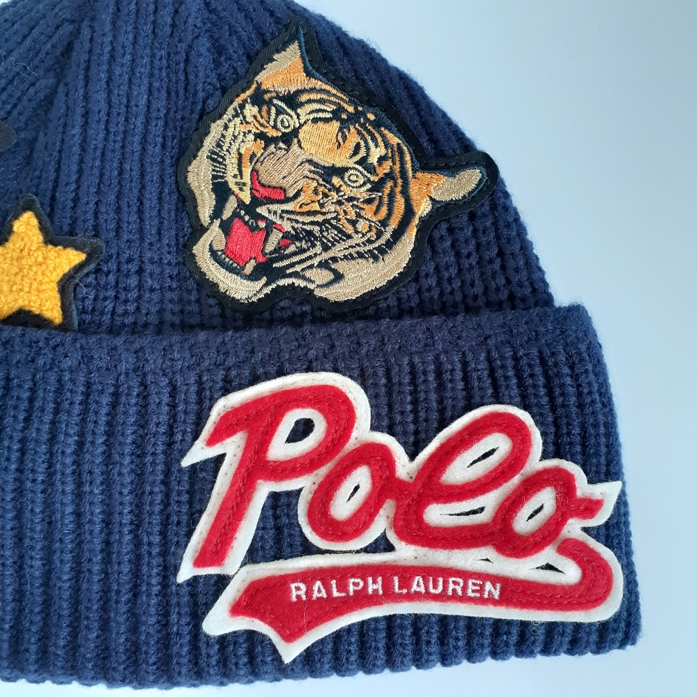 Polo Ralph Lauren Men's Tiger Patch Navy Blue Knit Beanie Toque Hat NWT - Picture 3 of 10